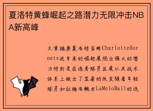 夏洛特黄蜂崛起之路潜力无限冲击NBA新高峰